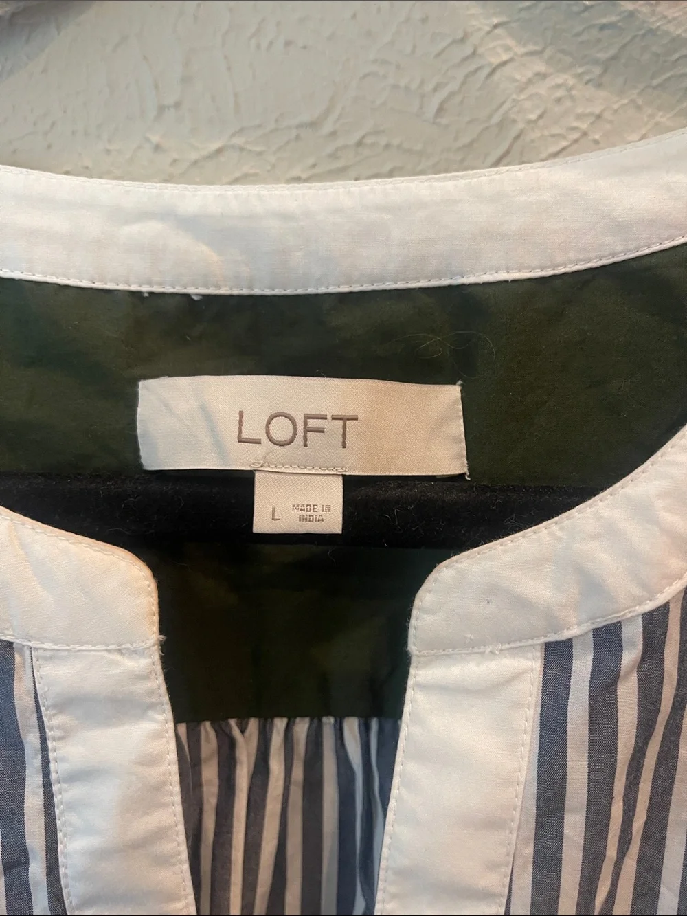 LOFT Grey Stripe Split-Neck top with Olive Yoke. Women’s size large.